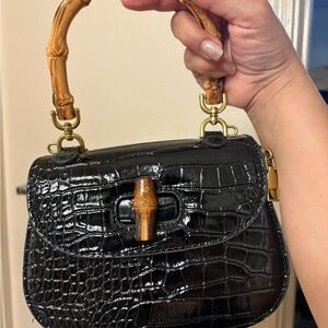Black Crocodile Pattern Bag with Bamboo Handle